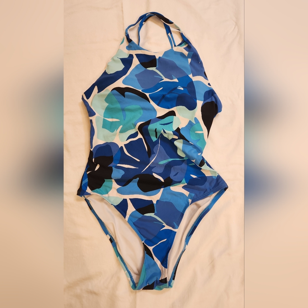 Nautica Into the Jungle women's high neck one piece swimsuit blue size Medium